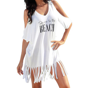 Sukienka tunika  letnia plażowa z frędzlami napis S - XL