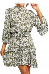 Sukienka damska krótka z długim rękawem zielona w kwiaty z falbaną
