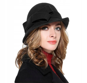 Wełniany kapelusz damski elegancki kokarda retro jesień zima