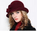 Bordowy - wełniany kapelusz damski elegancki kokarda retro jesień zima