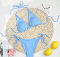 bikini wiązane prążkowane strój kąpielowy damski - niebieski