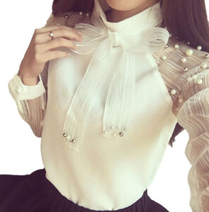 Elegancka wiązana biała bluzka do pracy perełki NEW S - XL