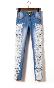 Spodnie damskie jeansowe z koronką liście jeans haft
